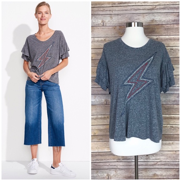 Sundry Tops - Sundry Gray Lightning Bolt Ruffle Sleeve Tee